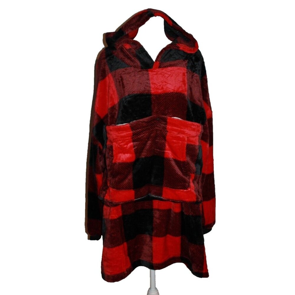 Women's Ultra-Soft Red & Black Plaid Plush Robe One Size Extra Large Pocket NEW